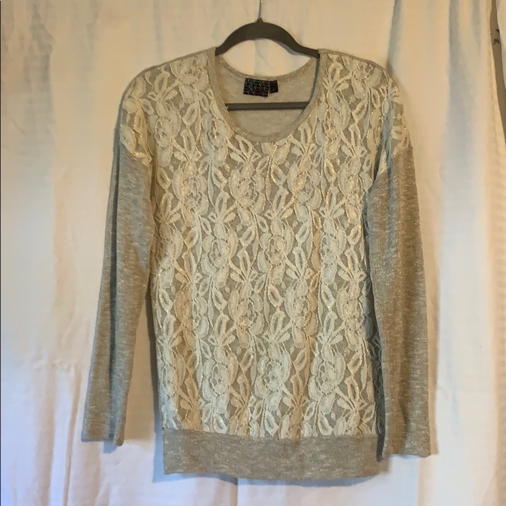 Gray sweater with lace overlay
